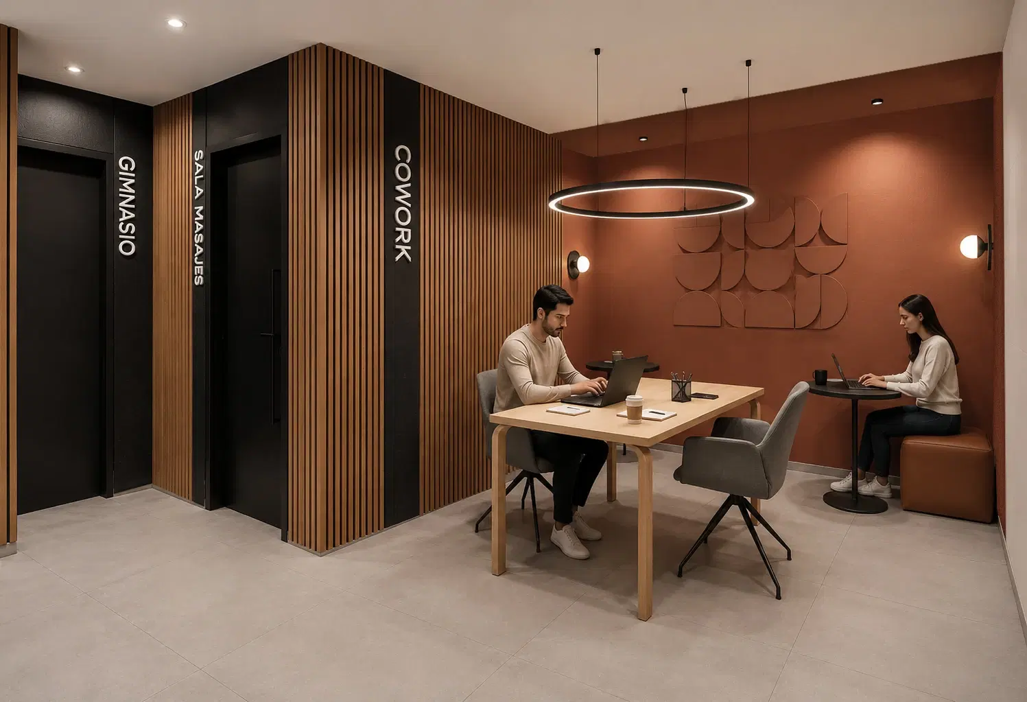 Render del cowork del edificio, con mesas de trabajo, revestimientos de madera y accesos al gimnasio y sala de masajes.
