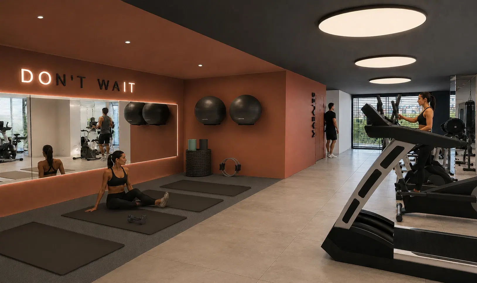 Render del gimnasio propio, con cintas de correr, espacio para ejercicios y espejo sobre una pared terracota.