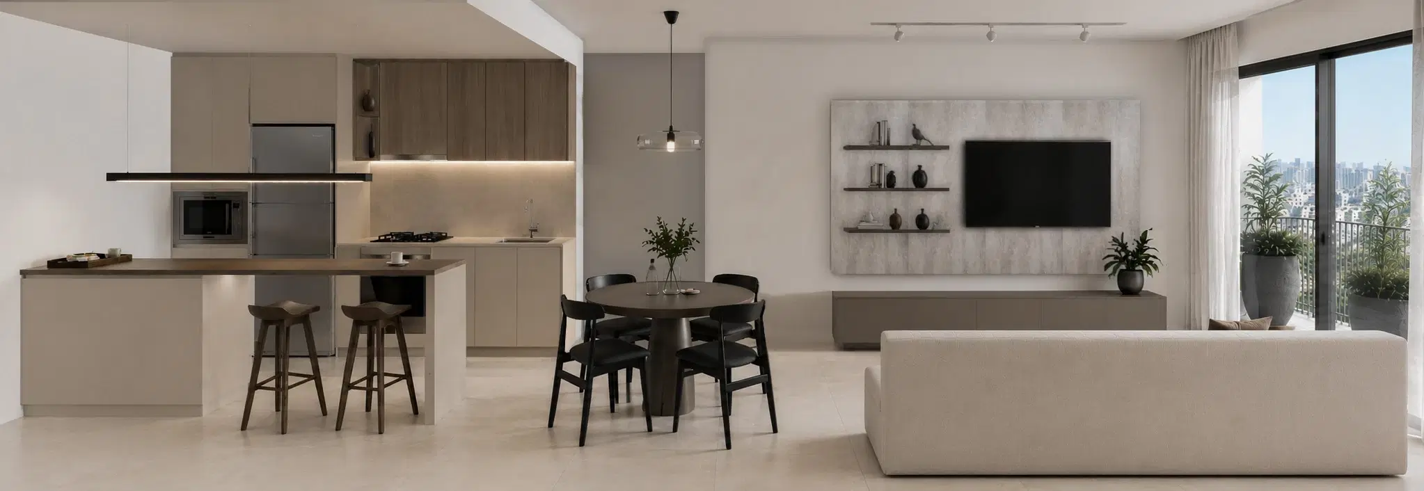 Render interior de referencia del proyecto: cocina integrada, comedor, estar y balcón. Sin asociación a una unidad específica.