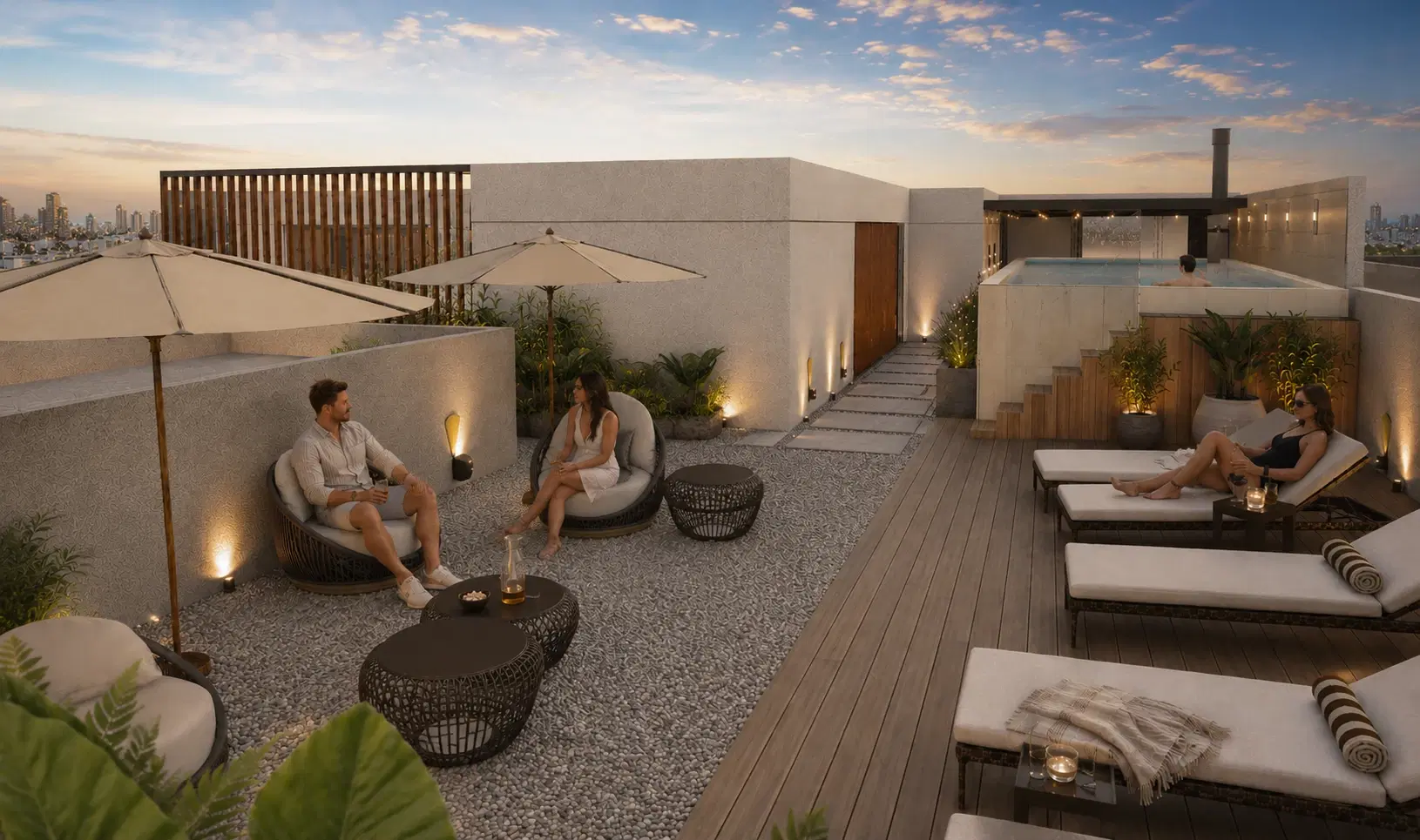 Render de la terraza de Humahuaca 3824 al atardecer, con piscina, reposeras y espacios de descanso.