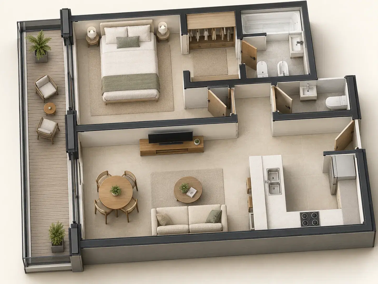 Vista 3D ilustrativa de UF 902: dormitorio separado con vestidor y baño, toilette junto al acceso, estar con cocina en U y balcón lateral.