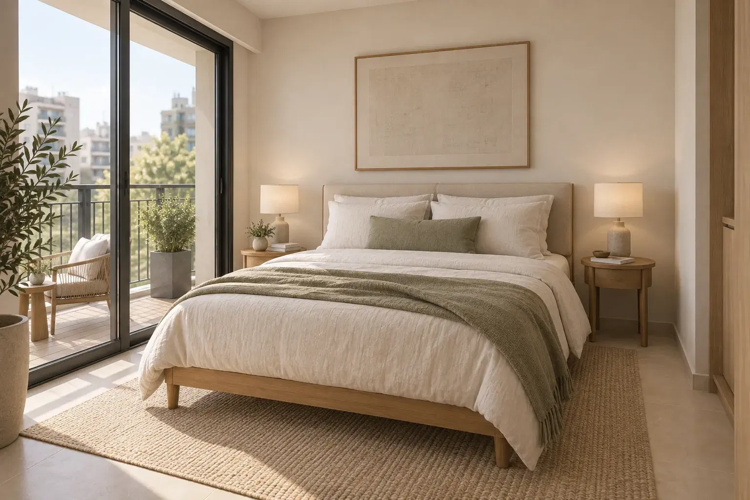 Recreación virtual del dormitorio independiente de UF 902, con cama doble, tonos cálidos y abertura lateral hacia el balcón.