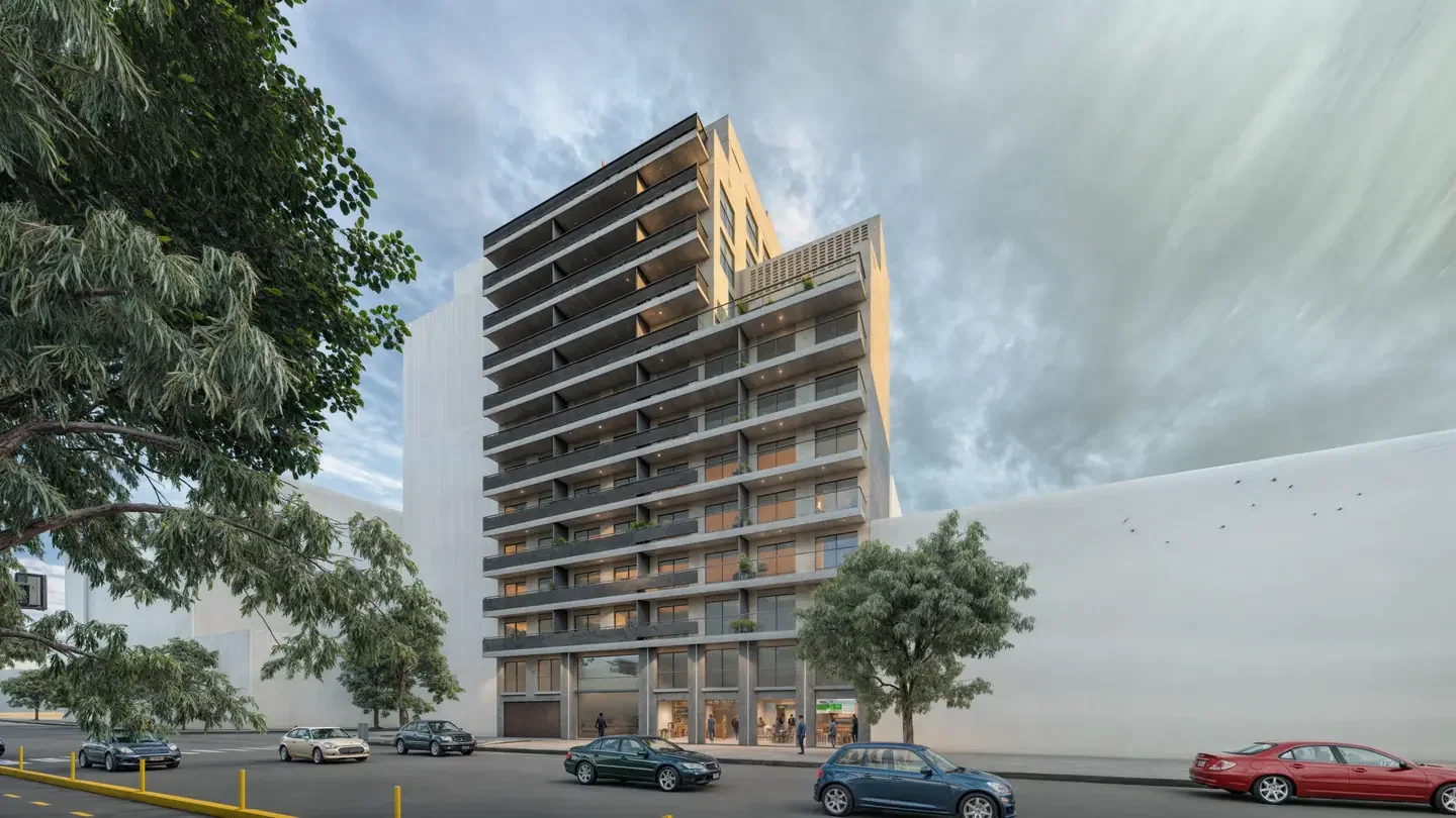 Render de la fachada de Humahuaca 3824, sus balcones y retiros superiores.