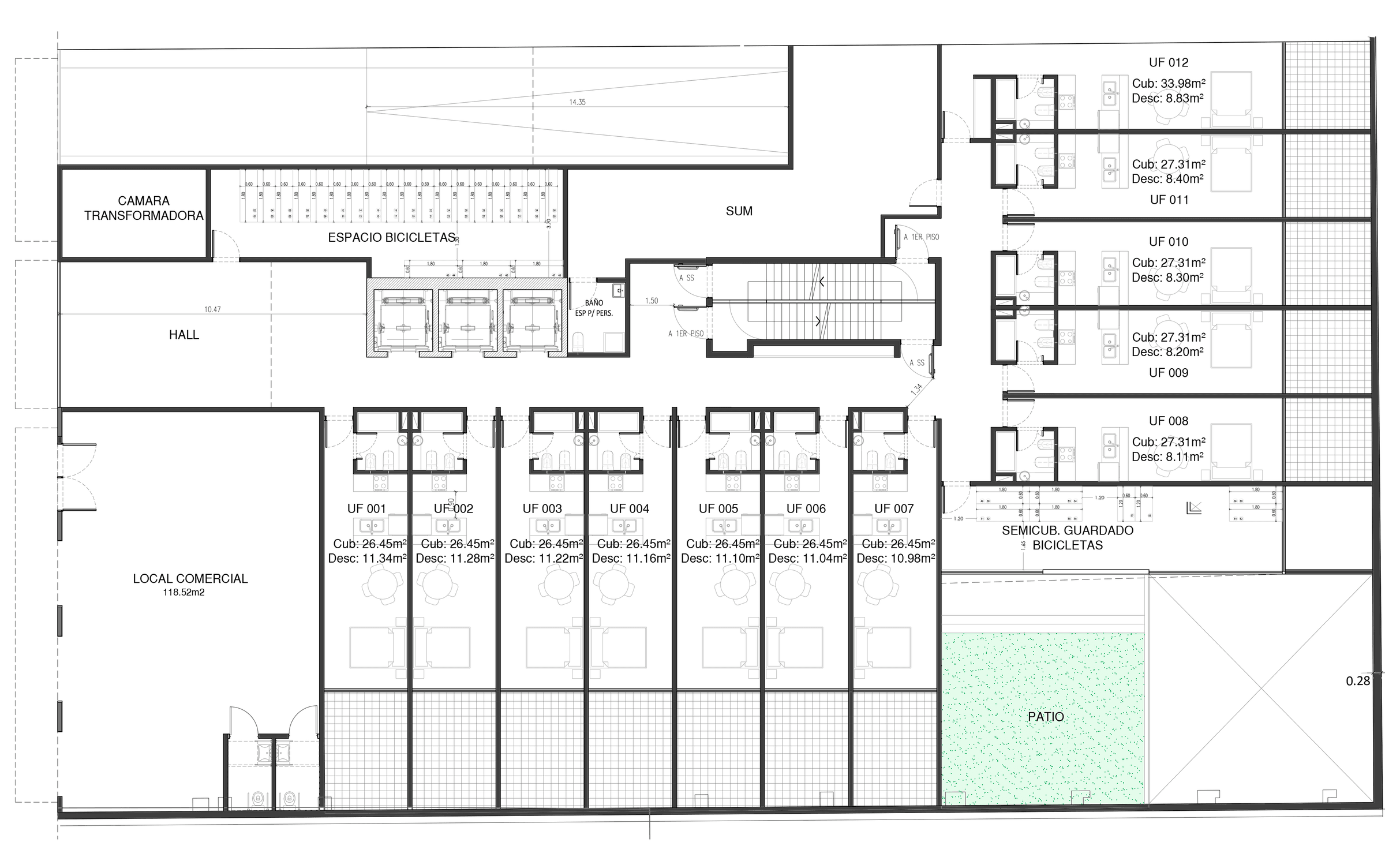Plano de planta baja de Humahuaca 3824, con distribución y superficies.