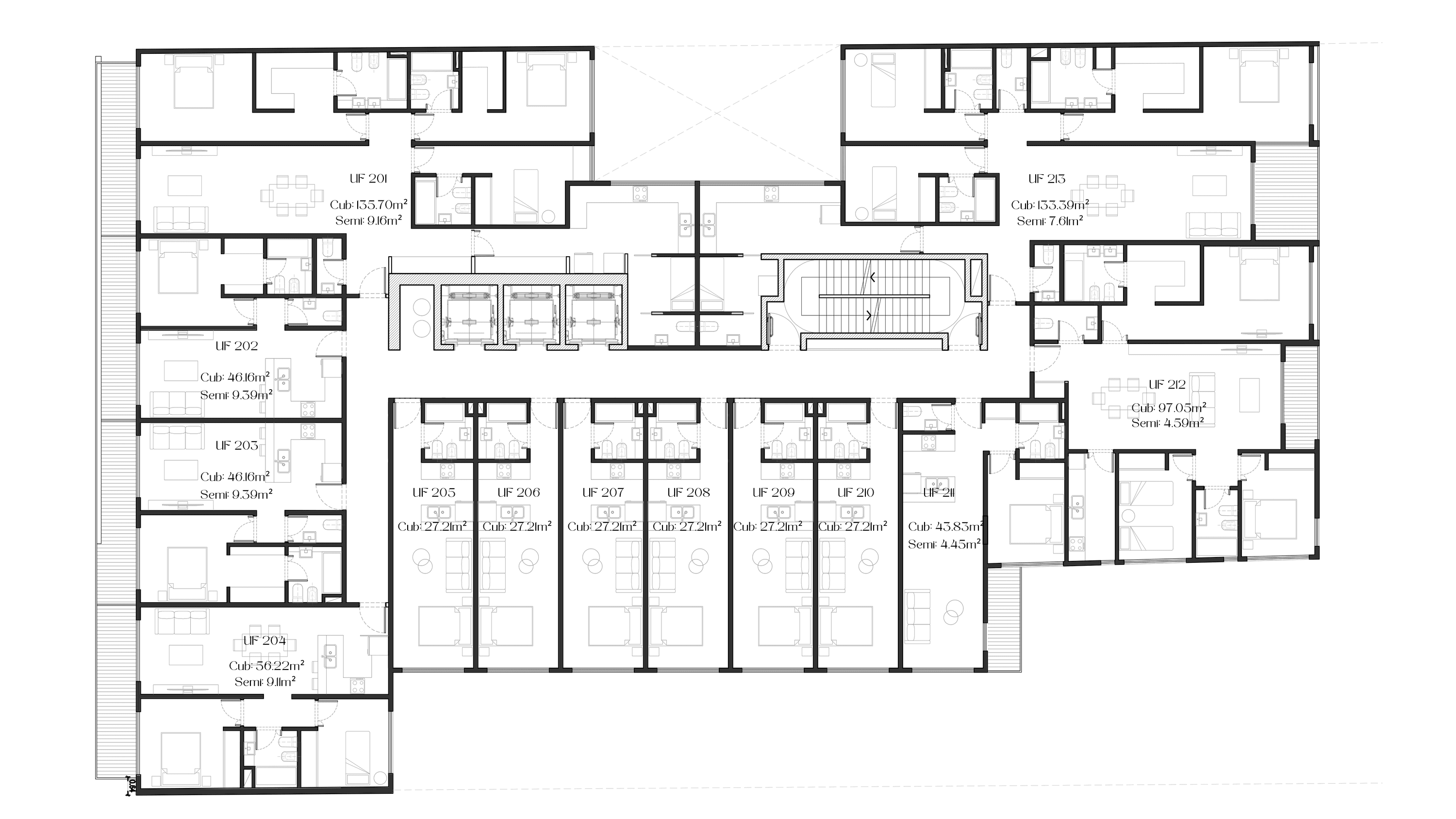 Plano de planta tipo de Humahuaca 3824, con distribución y superficies.